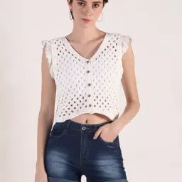 SHOWOFFFF Off White Self Design Short Sleeves Top-image-2