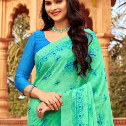 Saree Mall Green Printed Sarees With Unstitched Blouse image 2