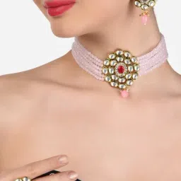 Zaveri Pearls Pink Crystal Beaded Multistrand Kundan Choker Necklace Earring & Ring Set-ZPFK12477-image-3