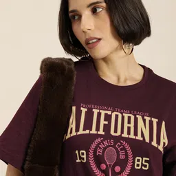 DILLINGER Women Burgundy & Cream-Coloured Typography Pure Cotton Oversized T-shirt-image-27