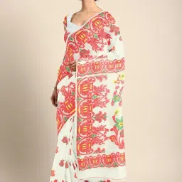 Kalakari India White & Red Cotton Woven Saree With Unstitched Blouse image 1