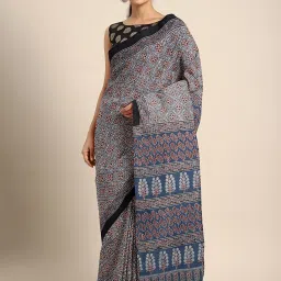 Kalakari India Blue Cotton Ajrakh Print Saree With Unstitched Blouse image 1
