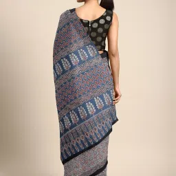 Kalakari India Blue Cotton Ajrakh Print Saree With Unstitched Blouse image 2