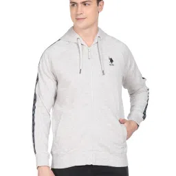 U.S. Polo Assn. Light Grey Cotton Regular Fit Striped Hooded Sweatshirt image 1