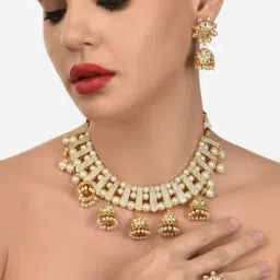 Zaveri Pearls Gold Tone Austrian Diamonds Jhumki Drop Choker Necklace Earring & Ring Set-ZPFK12745-picture-24