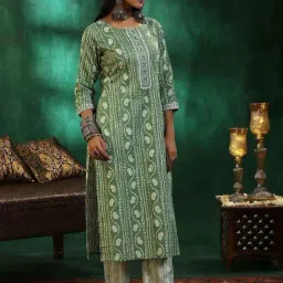 Libas Green Cotton Printed Kurta Pant Set With Dupatta-image-19
