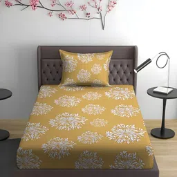 WEAVE AND DECOR Mustard Floral 300 TC Single Bedsheet with 1 Pillow Covers-picture-11