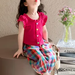 LULU & SKY Girls Round Neck Puffed Sleeves Top With Checked Joggers image 2