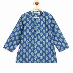 Campana Kids Blue & Green Floral Print Full Sleeves Kurta, Dhoti with Jacket image 3