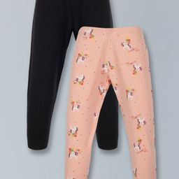 Plum Tree Pack Of 2 Solid & Unicorns Printed Leggings - Black Peach-picture-22