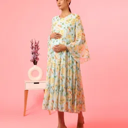 Zelena Full Sleeves Floral Printed Maternity Feeding Dress With Pocket - Blue-picture-23