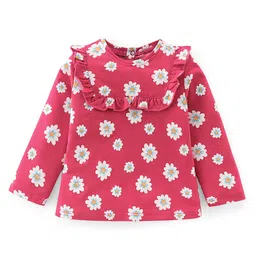 Babyhug 100% Cotton Knit Full Sleeves Floral Printed Top with Frill Detailing - Red-picture-34