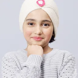 BHARATASYA Flower Detailed Woolen Knitted Turban Skull Cap - Off White-picture-31