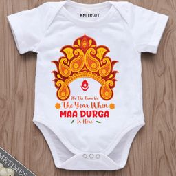 KNITROOT Durga Theme Half Sleeves Maa Durga Text Printed Onesie - White-picture-9