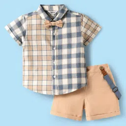 ToffyHouse Poplin Woven Half Sleeves Checks Shirt & Shorts With Bow & Suspender - Multicolor-picture-18