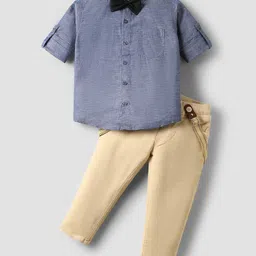 Rikidoos Full Sleeves Textured Shirt & Pant With Bow & Suspender Set - Fawn & Blue-picture-15