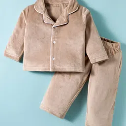 Kanvin Velour Knit Full Sleeves Winter Solid Color Co-ord Night Suit - Tan-picture-23