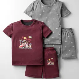 Kidi Wav Pack Of 2 Half Sleeves Animals & Doodle Art Printed Coordinating Tees & Shorts Set - Multi Colour-picture-21