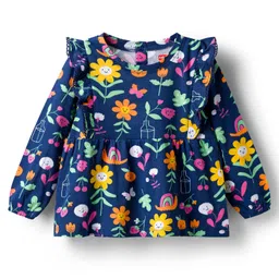 Babyhug 100% Cotton Knit Full Sleeves Top With Floral Print & Frill Detailing - Navy Blue-picture-34