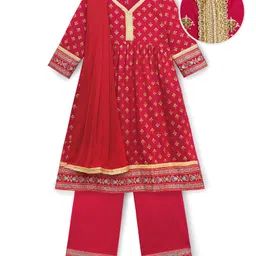 EARTHY TOUCH Single Jersey Knit Full Sleeves Kurta Salwar Set With Foil Floral Print & Dupatta - Red-picture-22