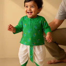 Somersault Cotton Woven Full Sleeves Birds Printed Dhoti Kurta Set - Green-picture-13