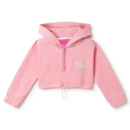 Tales & Stories Cotton Knit Full Sleeves Rainbow Patch Detailed Cropped Hooded Sweatshirt - Pink-picture-26