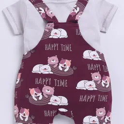 Jb Club Cotton Knit Half Sleeves Happy Time Text Printed Dungaree & Half Sleeves Tee Set - Maroon image 3