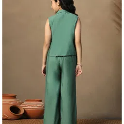 Fashion Dream Chanderi Woven Sleeveless Solid Crop Top & Palazzo With Floral Thread Work Embroidered Jacket Set - Green image 3