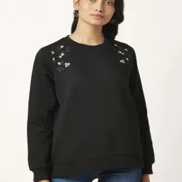 People by Pantaloons Black Cotton Embroidered Sweatshirt-image-3