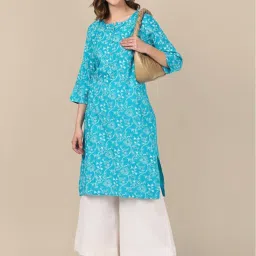 Rangita Turquoise & White Floral Print Straight Kurta - Pack OF 2 image 2