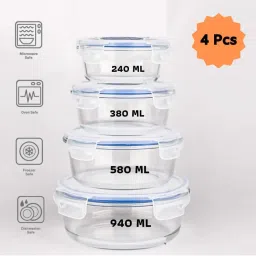 Femora Glass Storage Container with Air Vent Lid (240 ml, 380 ml, 580 ml & 940 ml) - Set of 4 image 1