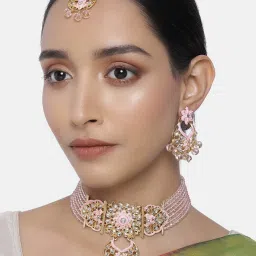 Peora Gold Plated Pink Meenakari Kundan Beaded Choker Necklace Bridal Set image 2