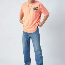 COLOR CAPITAL Peach Relaxed Fit Graphic Print Cotton Oversized Crew T-Shirt image 5