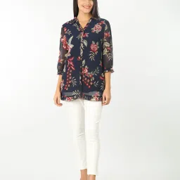 Mustard Navy Floral Print Shirt image 5