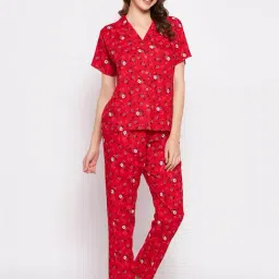 Clovia Red Floral Print Shirt With Pyjamas-image-48