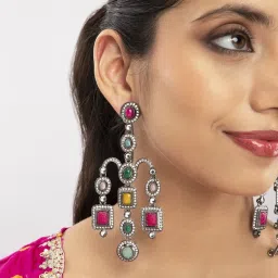 Priyaasi Multi Coloured Stone Studded Chandelier Earrings image 2