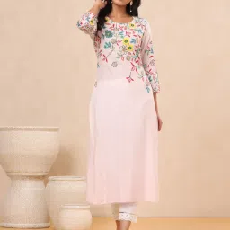 Juniper Pink Floral Printed Rayon Kurta With Sequins & Beads Work image 1