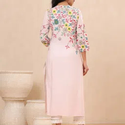 Juniper Pink Floral Printed Rayon Kurta With Sequins & Beads Work image 2