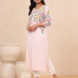 Juniper Pink Floral Printed Rayon Kurta With Sequins & Beads Work image 3