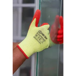 PRO GRIP By ROCKSAFE Safety Hand Gloves 10 Gauge Polycotton Crinkle Latex Palm Coating Seamless Liner Red & Yellow Free Size (Pack of 120 Pairs) image 5