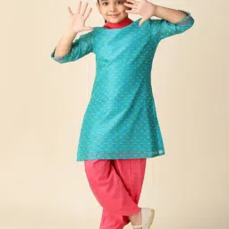 Fabindia Kids Aqua Blue & Coral Printed Kurta, Salwar with Dupatta-image-4