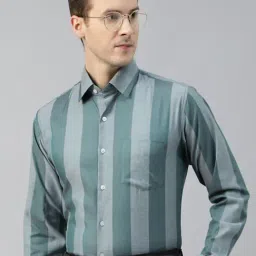 Hancock Green Cotton Slim Fit Striped Shirt-image-35