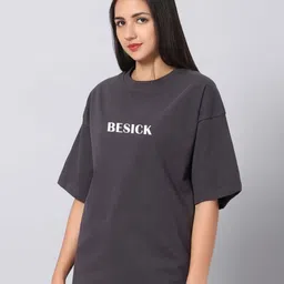 Besick Typography Printed Round Neck Drop-Shoulder Sleeves Oversized Cotton T-shirt image 3