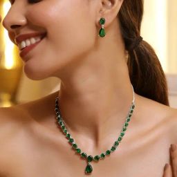 Rubans Rhodium Plated Green Set for Women-picture-3