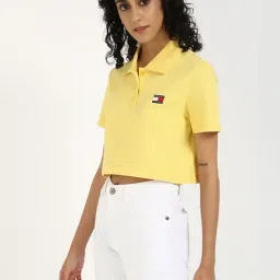 TOMMY HILFIGER Yellow Cotton Solid Short Sleeve Polo T-Shirt image 3