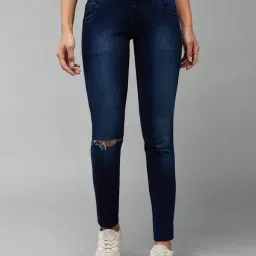 DOLCE CRUDO Dark Blue Denim Distressed Skinny Fit High Rise Jeans-image-19