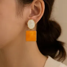 Celestria Korean Crystals Studded Geometrical Shaped Drop Earrings image 5