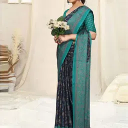 MIRCHI FASHION Navy Floral Print Saree With Unstitched Blouse-picture-33