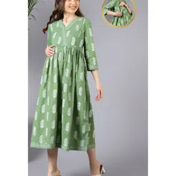Zelena Three Fourth Sleeves Seamless Paisley Motif Printed Fit & Flare Maternity Dress With Vertical Concealed Zipper Nursing Access - Green-image-94