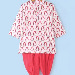 Babyhug 100% Cotton Woven Full Sleeves Penguin Printed Kurta Dhoti Set - Red & White-picture-39